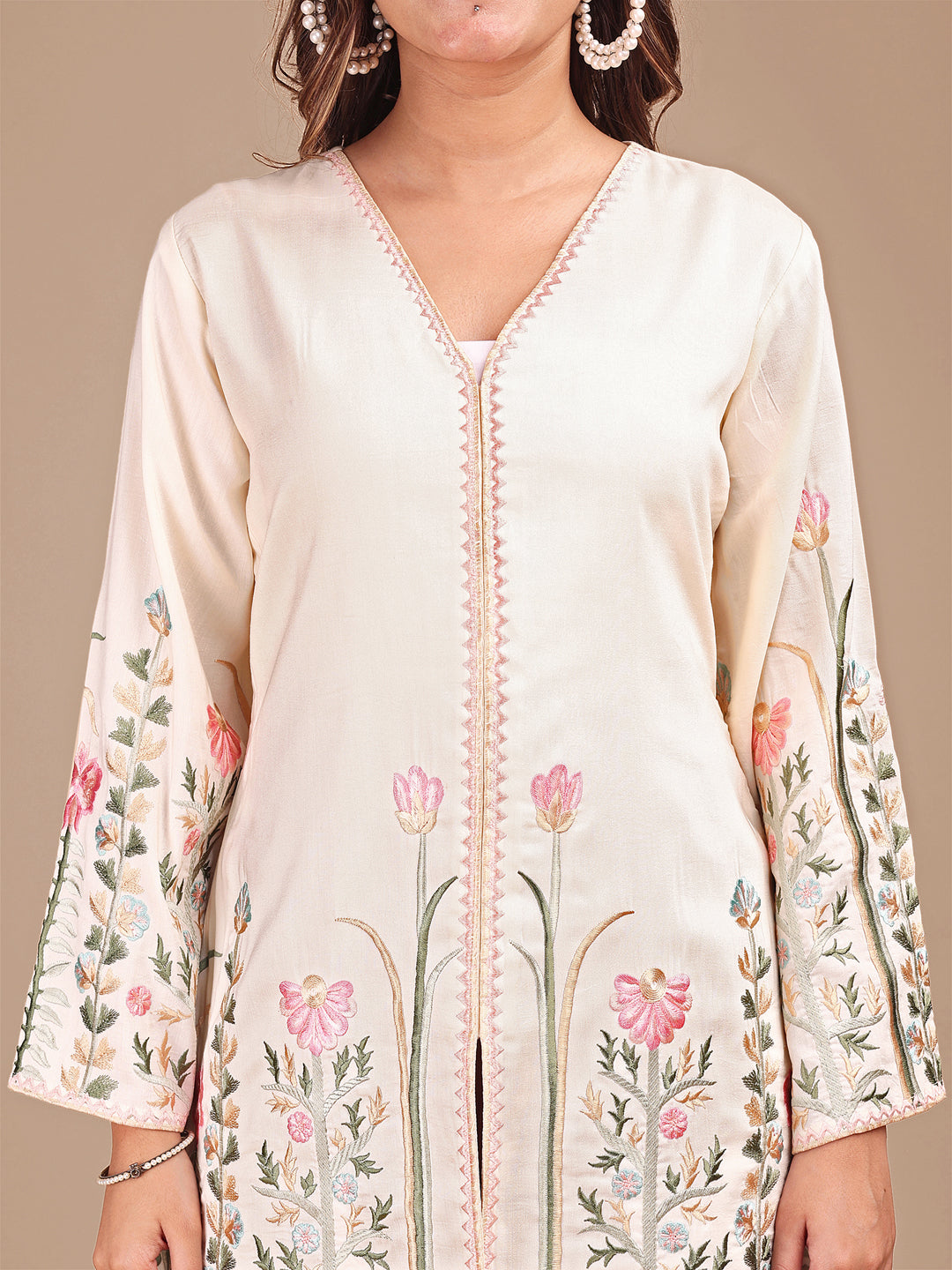 Cream & Rose Colored Embroidered Co-ord Set With Farshi Salwar